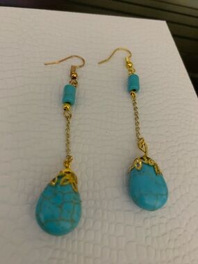 Gold Drop Turquoise stone Dangle Earrings -NWOT